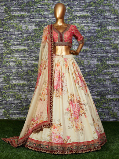 Sabyasachi Off White Floral Printed Organza Bridal Lehenga Choli